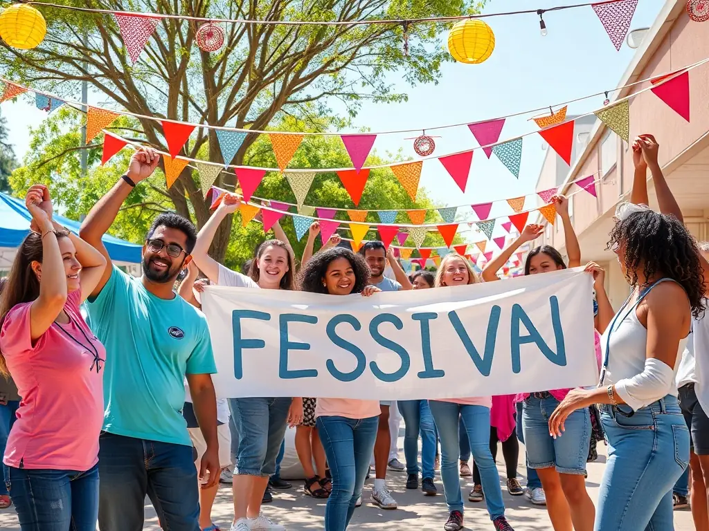 A group of volunteers happily setting up decorations for a local festival in La Tourette, showcasing community spirit and collaboration.