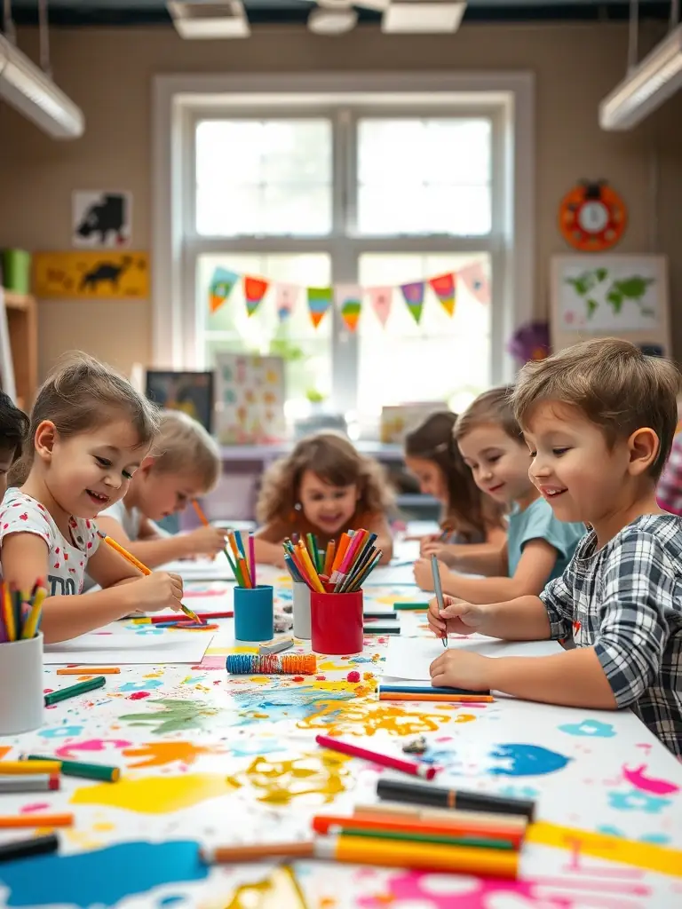 An image showing children participating in an arts and crafts workshop organized by COMITE DES FETES DE LA TOURETTE, with local artists guiding them in creating traditional crafts.
