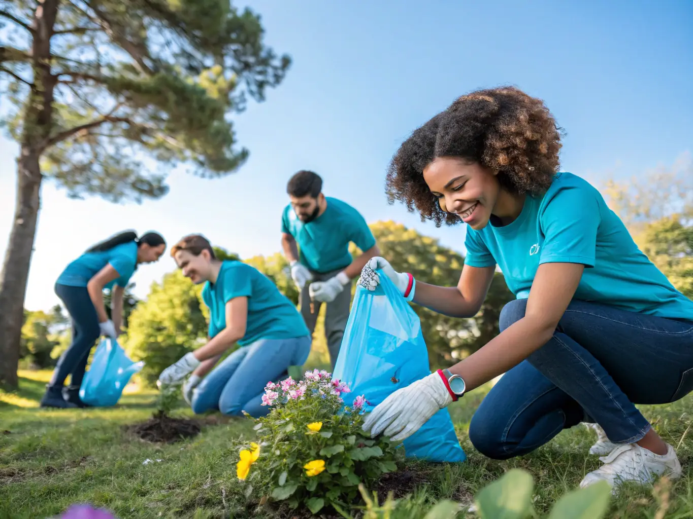 A photo of volunteers working together on a community project, such as planting flowers or cleaning up a local park, demonstrating the positive impact of their efforts.